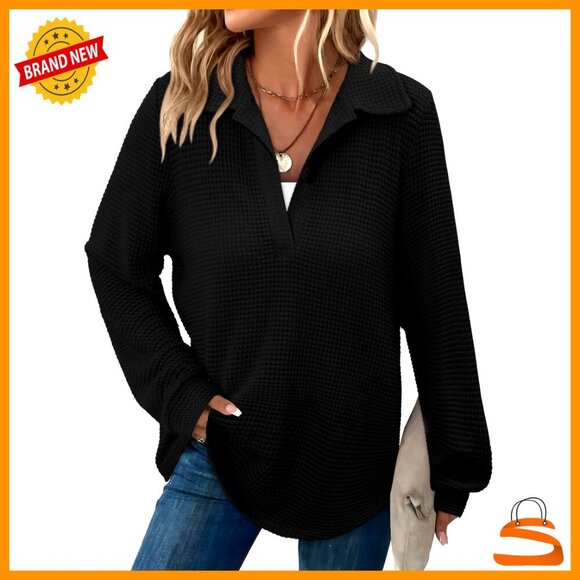 Tops - Long Sleeve V-Neck Waffle Knit Pullover Top Women's Casual Sweatshirt